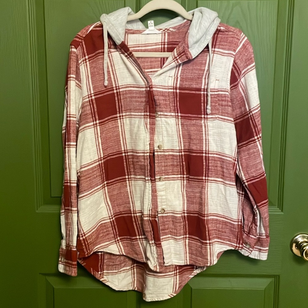 Dark red & cream plaid flannel with hood